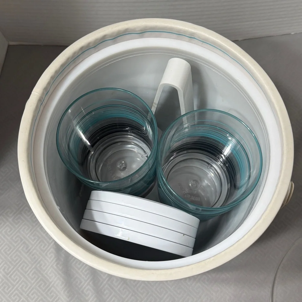 Vintage Ice Bucket 4 Glasses 4 Coasters Tongs Set in Aqua, Navy & White Stripes